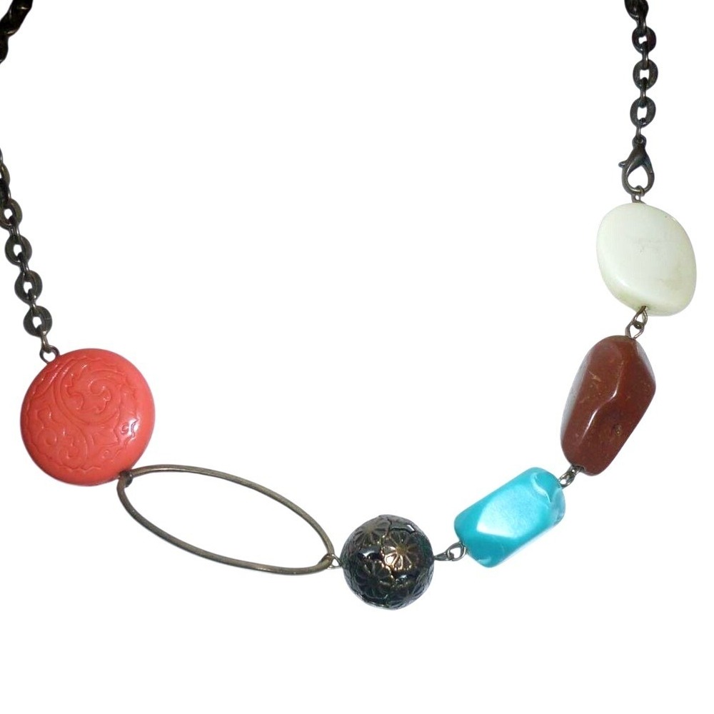 Mixed Media Beaded Statement Necklace Boho Eclectic Multicolor Bronze Tone Link